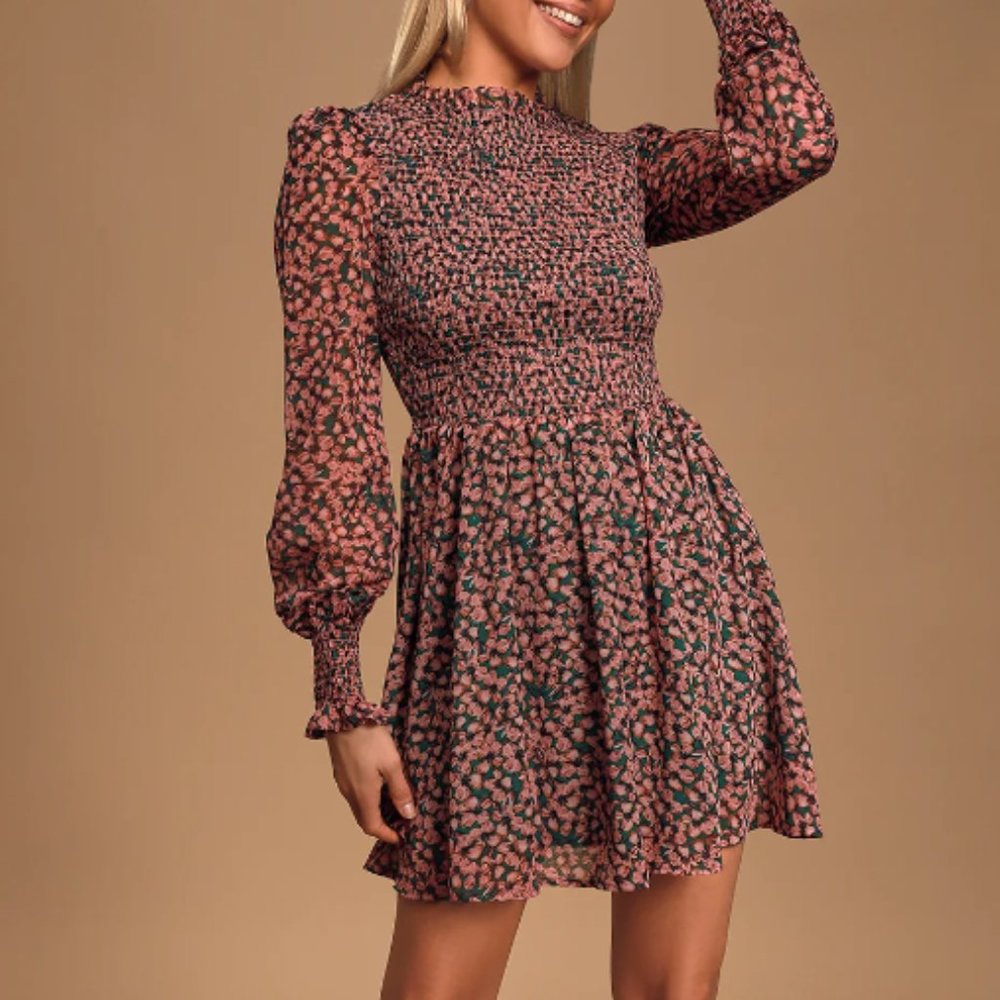 Floral Forever Green and Pink Floral Print Smocked Skater Dress